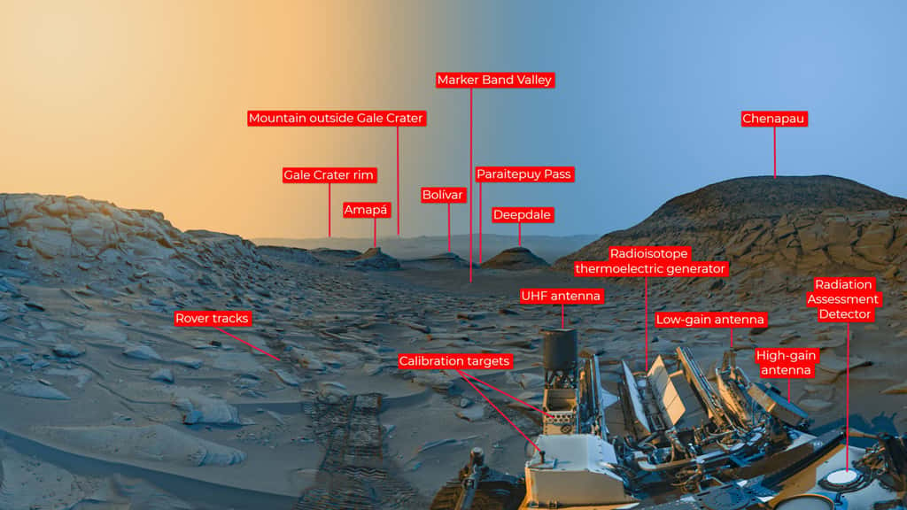 La carte postale annotée de la région de la planète Mars explorée par le rover Curiosity. © Nasa, JPL-Caltech