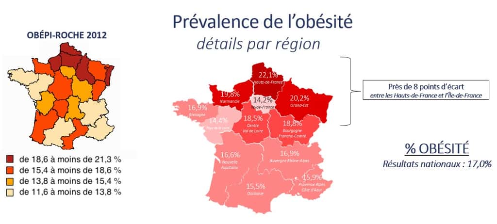 Répartition géographique des prévalences de l’obésité en 2020 dans les régions françaises par rapport à 2012. © Obépi, Roche 2020