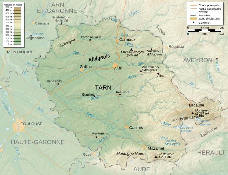 Carte du département du Tarn avec les principales villes et l'altitude. © Pinpin, Wikipédia, CC by-sa 3.0