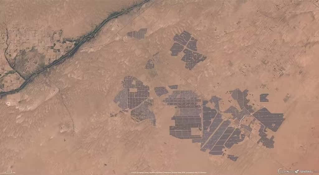 On sait construire de très grande centrales solaires au sol – ici à Bhadla, en Inde. Copernicus Sentinel-2. © ESA 