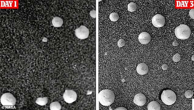 Ces deux images ont été prises à trois jours d’intervalle. Les chercheurs affirment qu’on y voit des champignons qui ont grandi à la surface de Mars. © Nasa