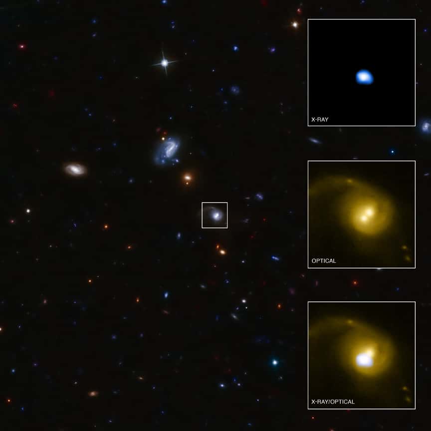 Cette image d'un champ de galaxies a été prise à l'aide du télescope CFHT dans le visible. Sur la droite, des zooms montrent dans le domaine des rayons X et dans le visible la galaxie contenant CID-42. © Rayon X : Nasa/CXC/SAO/F. Civano <em>et al.</em> ; visible : CFHT, Nasa/STScI