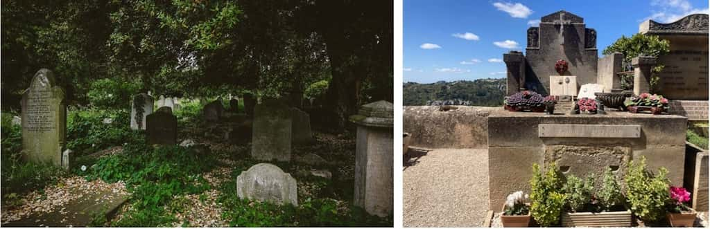 Un cimetière anglais (Londres) et un cimetière français (Bouches-du-Rhône). © Viv Lynch/Flickr ; © TCF, CC BY