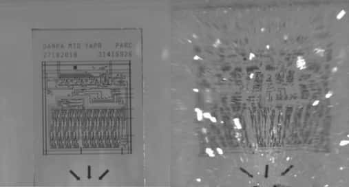 Lorsqu’il explose, le verre trempé renfermant le circuit électronique se fragmente en milliers de morceaux infimes, ce qui rend impossible toute reconstitution en vue de récupérer les données. © Parc, <em>a Xerox company</em>