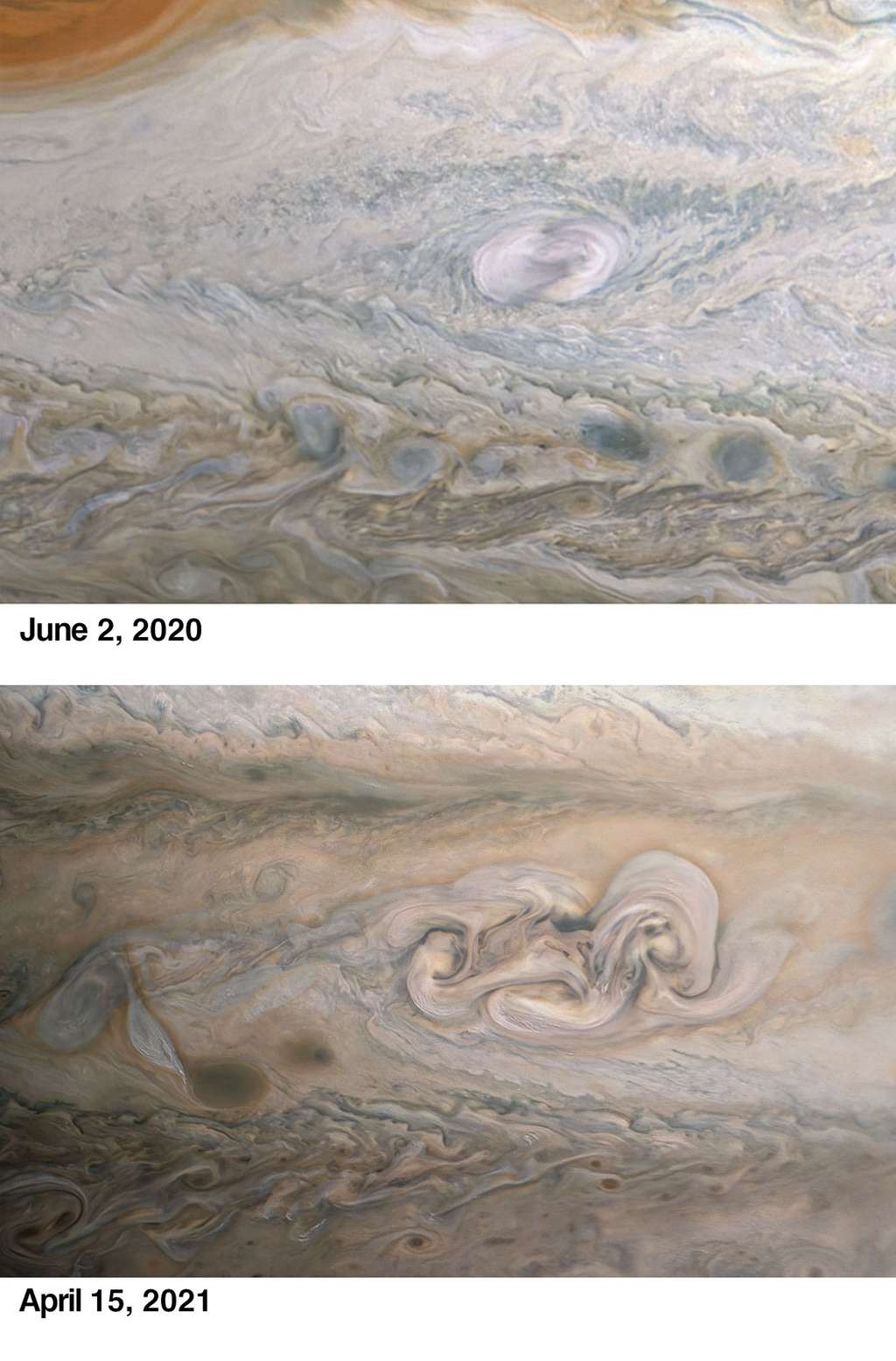 En haut, un aperçu du Clyde Spot l’année dernière. En bas, le visage qu’il montre aujourd’hui. © Kevin M. Gill, Nasa, JPL-Caltech, SwRI, MSSS