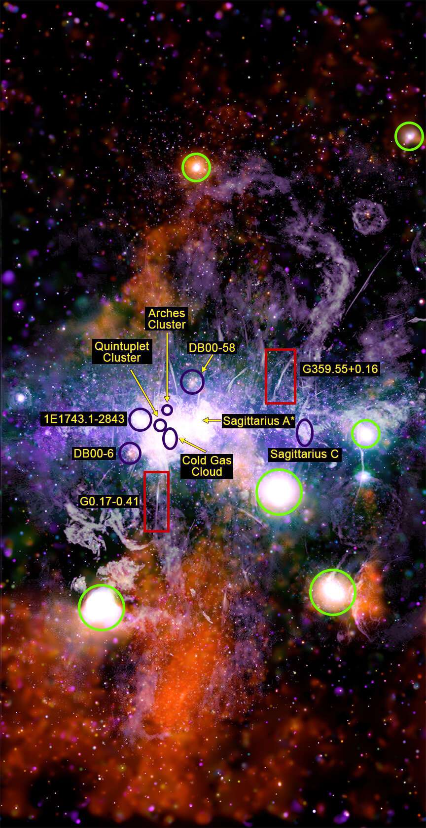 Sur cette image, la localisation de quelques régions particulières du cœur de la Voie lactée. © X-ray : Nasa, CXC, UMass, Q.D. Wang ; Radio : NRF, SARAO, MeerKAT
