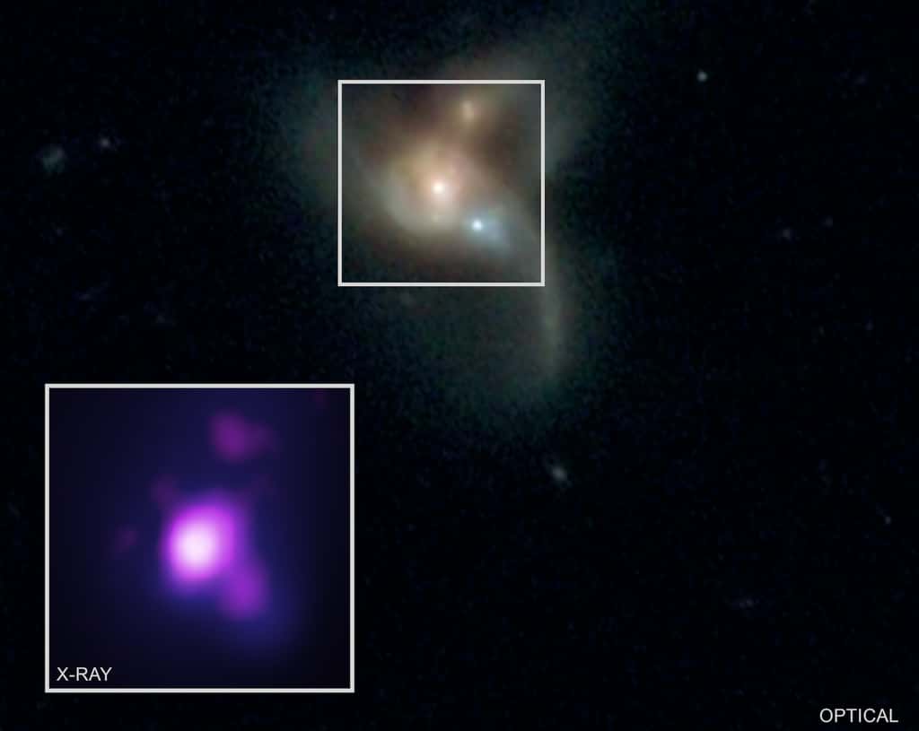 Les chercheurs espèrent pouvoir s’appuyer sur la même méthode pour trouver d’autres systèmes triples de trous noirs supermassifs actifs. Même s’ils continuent de les imaginer plutôt rares, ils pensent qu’ils jouent un rôle crucial dans la façon dont les galaxies évoluent au fil du temps. © X-ray : R. Pfeifle et al., Nasa/CXC/George Mason University ; Optical : SDSS & Nasa/STScI