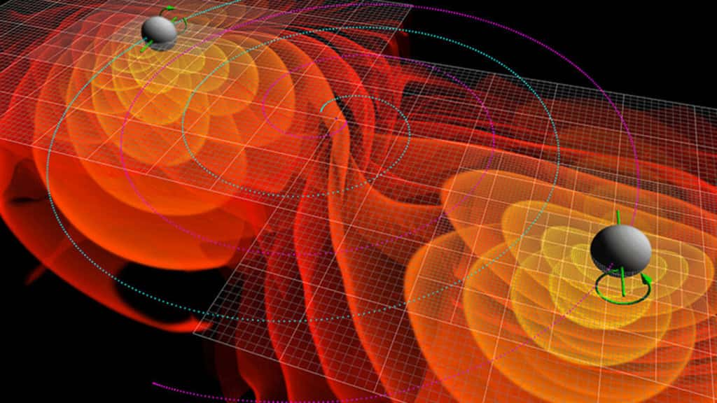 Des chercheurs de l’université de Princeton (États-Unis) ont détecté des ondes gravitationnelles issues de la fusion de deux trous noirs qui tournent dans des directions différentes (flèches vertes). Cela suggère qu’ils sont nés à des endroits très différents. Ce serait la première fois que ce type de fusion est détectée. © C. Henze, Ames Research Center, Nasa