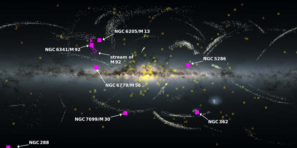 Ici, la Voie lactée vue par Gaïa. Les points et les carrés en violet correspondent aux objets amenés dans la Voie lactée par l’événement de fusion nouvellement découvert Pontus. © ESA/Gaia/DPAC, CC BY-SA 3.0 IGO