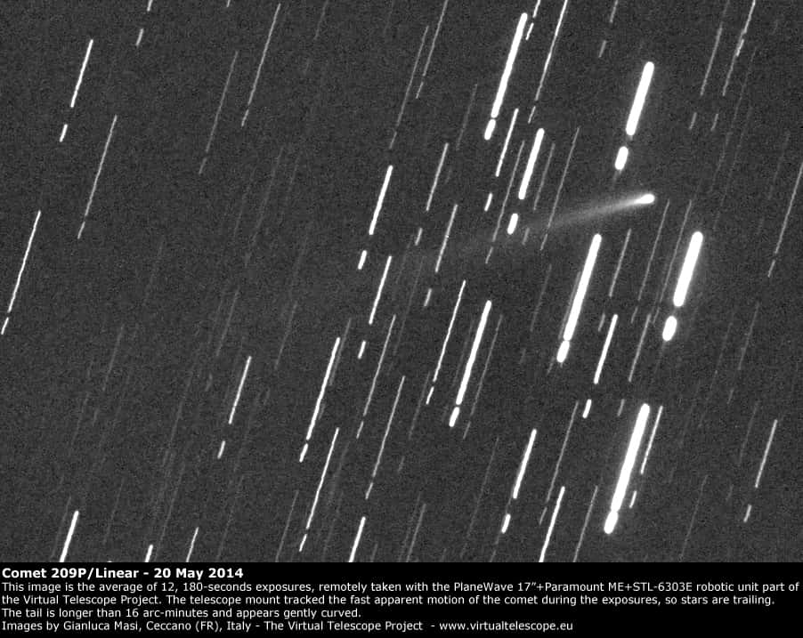 Découverte en 2004, la comète 209P/Linear appartient à la famille de Jupiter, laquelle perturbe régulièrement son orbite de 5 années autour du Soleil. Au périhélie le 6 mai dernier, elle ne sera qu’à 8,3 millions de km de la Terre, le 29 mai prochain. Sur cette photo prise le 20 mai, on distingue la longue traînée de poussières. Se déplaçant rapidement, elle parcourra la voûte céleste à raison quelque 0,5 ° par heure à la fin du mois. © VirtualTelescope.eu.