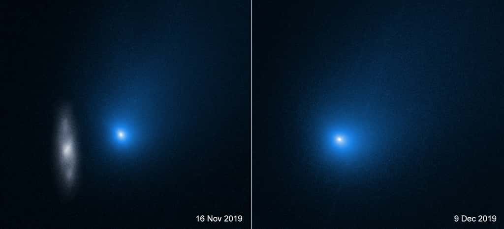 Les augmentations de luminosité observées par les chercheurs de l’université de Cracovie (Pologne) avaient été annoncées comme les signes d’une prochaine désintégration de la comète interstellaire Borisov. Ici, deux photos de l’objet prises en fin d’année dernière par le télescope spatial Hubble. © Nasa, ESA, D. Jewitt (UCLA)