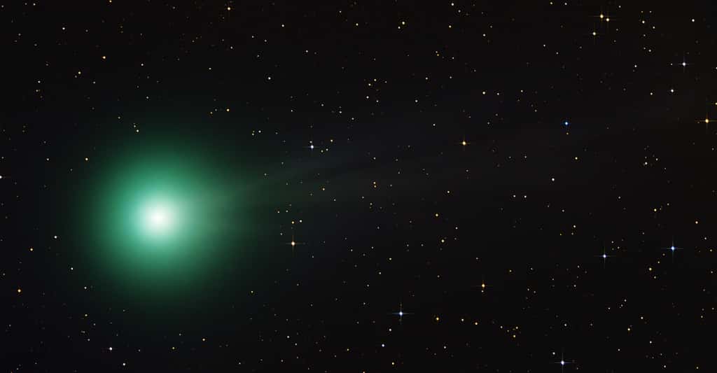La belle couleur verte de la comète C/2014 Q2 (<em>Lovejoy</em>) est due au carbone diatomique. © Paul Stewart, Wikipedia, CC by-sa 2.0