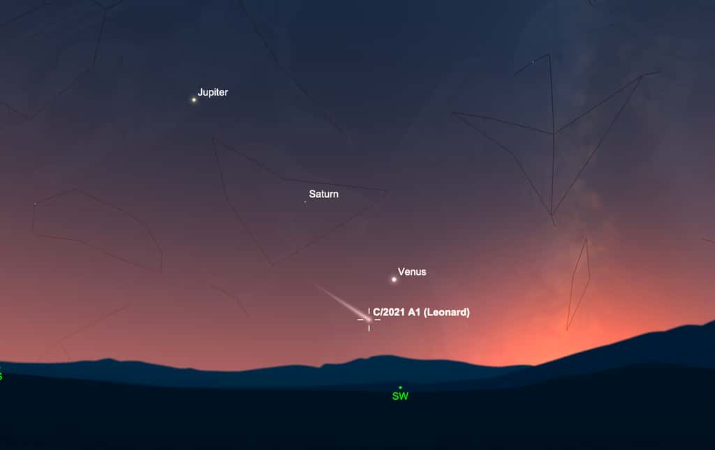 Alignement des planètes au crépuscule, et la comète Leonard frôlant Vénus, le 18 décembre 2021© SkySafari