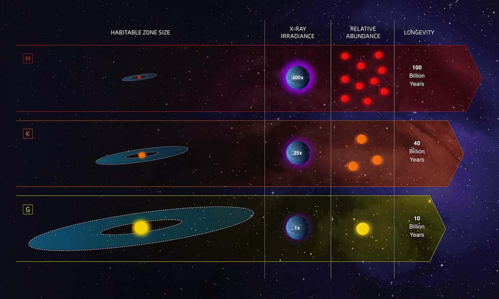 Une comparaison — zone habitable, rayonnement X, abondance et longévité — imagée des principales caractéristiques de quelques candidates « Boucles d’or ». Avec, au milieu, les étoiles naines de type K qui sont, selon les astronomes de l’université de Villanova (États-Unis), les meilleurs endroits où chercher la vie. © Nasa, ESA and Z. Levy (STScI)