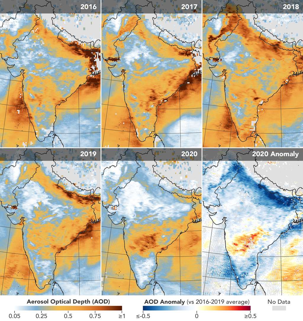 Les cinq premières cartes ci-dessus montrent les profondeurs optiques des aérosols (AOD) sur l’Inde entre le 31 mars et le 5 avril, de 2016 à 2020 — données du satellite Terra. La sixième carte illustre l’anomalie de l’AOD en 2020 par rapport à la moyenne 2016-2019. Une AOD supérieure ou égale à 1 révèle des conditions brumeuses. Une AOD inférieure à 0,1, en revanche, suggère une atmosphère « propre ». © NASA Earth Observatory images by <a href="https://earthobservatory.nasa.gov/about/joshua-stevens" target="_blank">Joshua Stevens</a>, using <a href="https://terra.nasa.gov/about/terra-instruments/modis" target="_blank">Terra MODIS</a> analysis courtesy of Pawan Gupta/USRA/Nasa