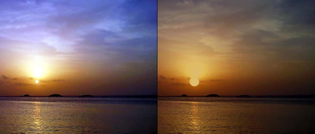 Une comparaison entre deux couchers de soleil : sur la gauche, la Terre et à droite, Proxima b, dans l'hypothèse où l'exoplanète serait bien habitable et porterait des océans. © PHL, @ UPR Arecibo.