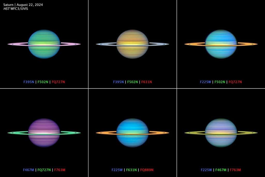 Un ensemble d’images de Saturne de type Warhol illustre des données réelles issues de plusieurs filtres appliqués aux couleurs perceptibles à l’œil nu. Chaque combinaison de filtres met en valeur les différences subtiles d’altitude ou de composition des nuages. © Nasa, ESA, Amy Simon (Nasa-GSFC), Michael H. Wong (UC Berkeley) ; Traitement d’images : Joseph DePasquale (STScI)