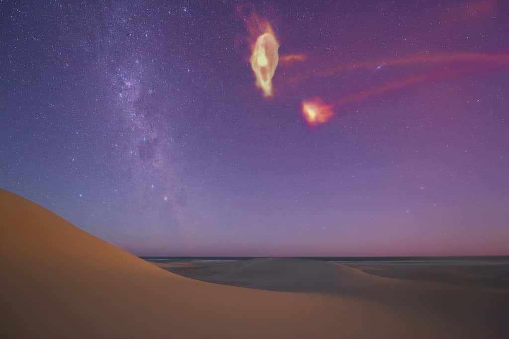 Une vue du gaz dans le « système magellanique » tel qu’il apparaîtrait dans le ciel nocturne. Cette image, tirée directement des simulations numériques des chercheurs, a été légèrement modifiée par souci esthétique. © Colin Legg, Scott Lucchini, Université du Wisconsin