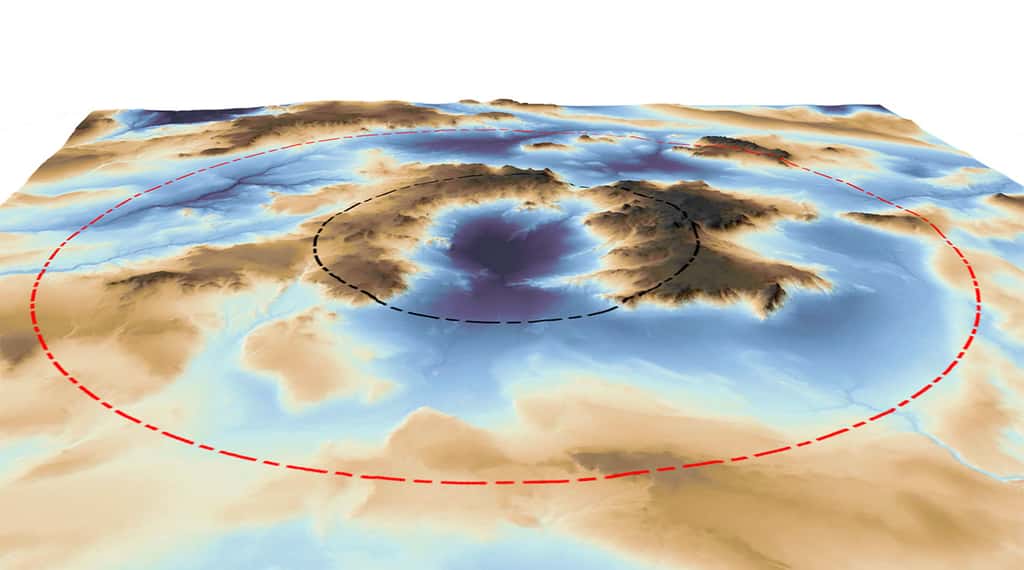 Les travaux de chercheurs du <em>Goddard Space Flight Center</em> de la Nasa suggèrent que le cratère de Zhamanshin (Kazakhstan) creusé il y a environ 900 000 ans ne mesure pas 13 mais 30 kilomètres de diamètre. © J. Garvin <em>et al.</em> ; <em>Nasa Goddard Space Flight Center</em>, <em>Maxar Wolrdview</em>, <em>Earthdem</em>, <em>Nasa Planetary Defense Coordination Office</em>