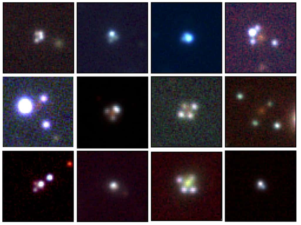 Les douze nouvelles croix d’Einstein nouvellement découvertes grâce à la mission Gaia. © <em>Gaia Gravitational Lenses working group</em>