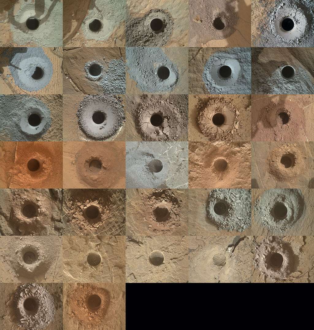 Grâce à la perceuse montée sur son bras robotique, le rover Curiosity a déjà prélevé 32 échantillons de roches martiennes. © Nasa, JPL-Caltech, MSSS