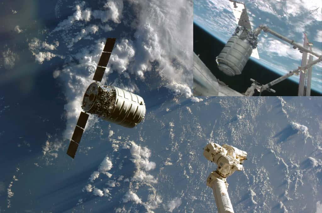 Capture et amarrage du cargo Cygnus à la Station spatiale internationale. Pour l'histoire, on retiendra que c'est la première fois que 7 modules pressurisés développés par une même société, Thales Alenia Space, sont aujourd’hui arrimés à la Station Spatiale. © Nasa