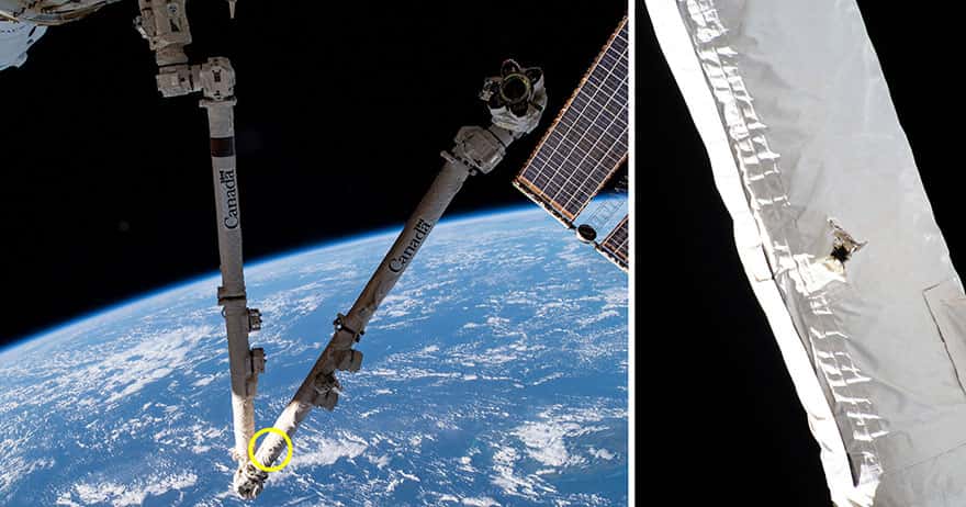 Le bras robotique Cadadarm 2 de la Station spatiale internationale (ISS) a été heurté par un débris spatial. Il a laissé un trou de cinq millimètres de diamètre. © Nasa, Agence spatiale canadienne