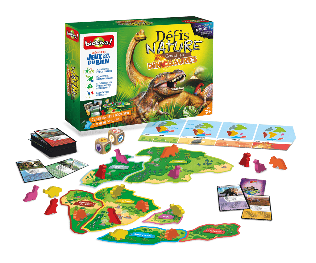 Le <em>« Grand jeu Dinosaures »</em> fait partie de la collection <em>« Défis Nature »</em>, version plateau, écoconçu et fabriqué en France. © Bioviva