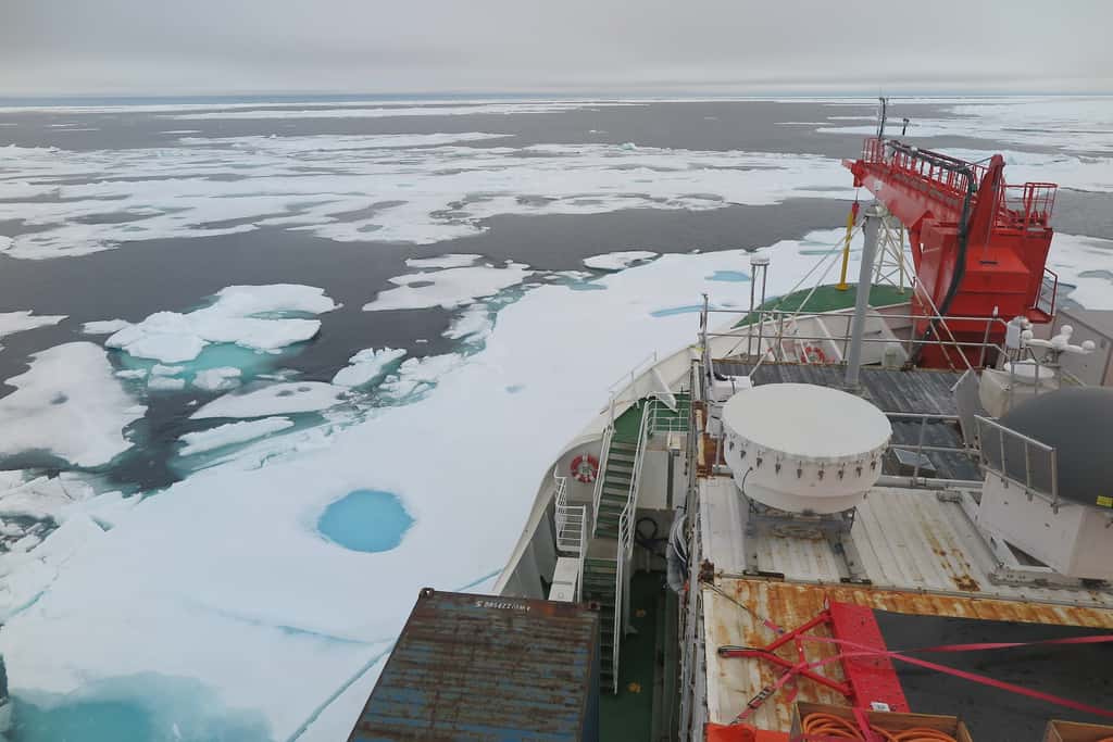 Le 16 août 2020, le Polarstern, le brise-glace allemand, se trouvait dans la dernière zone de glace pour l’expédition Mosaic. Deux jours plus tôt, la concentration en glace mesurée là n’était que de 50 % par rapport à celle habituelle. Un record ! © Felix Linhardt, Université de Kiel