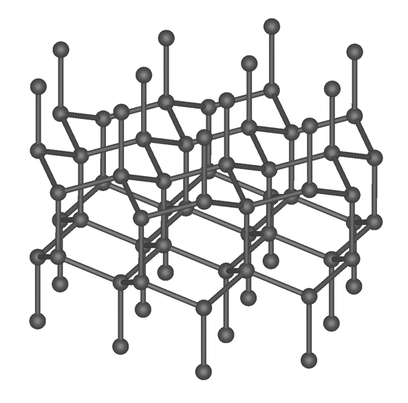 En haut, la structure cubique d’un diamant naturel. En bas, la structure hexagonale d’un diamant artificiel — également qualifié de lonsdaléite. © Anton, <em>Wikimedia Commons</em>, CC by-sa 3.0 et Mstroeck, <em>Wikimedia Commons</em>, CC by-sa 3.0