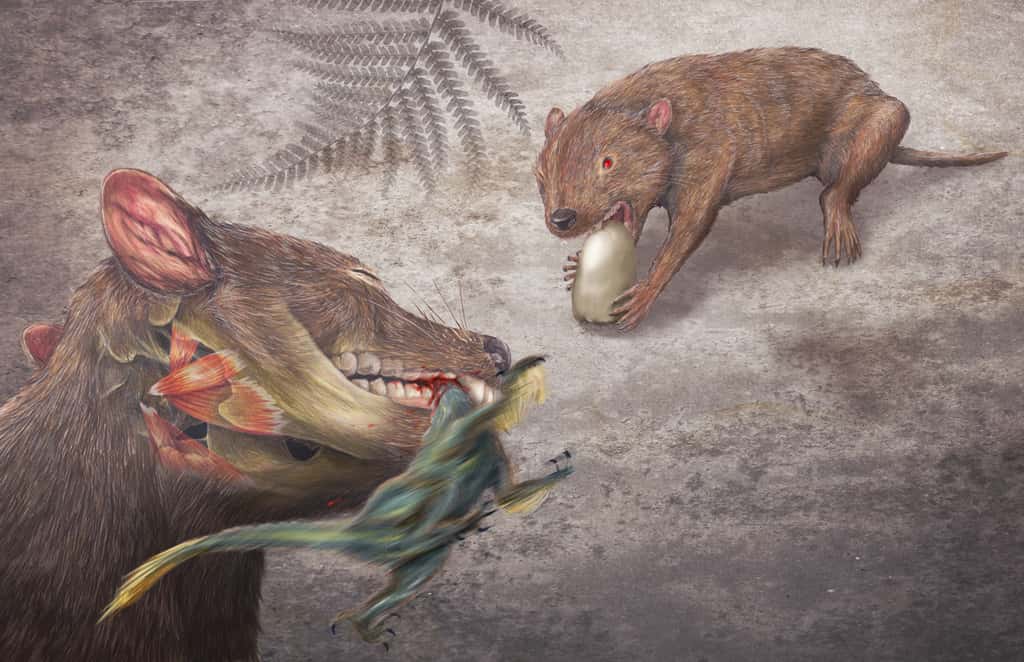 Ici, une représentation du Didelphodon, un marsupial de la taille d’un blaireau et qui vivait au Crétacé supérieur. Il est réputé avoir eu la mâchoire la plus puissante de tous les mammifères connus. © Misaki Ouchida, Université de Washington