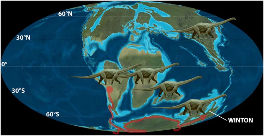 Une reconstitution de la paléogéographie des continents il y a environ 100 millions d'années. La future région de Winton où a été découvert le sauropode australien est indiquée. © <em>Colorado Plateau Geosystems</em>