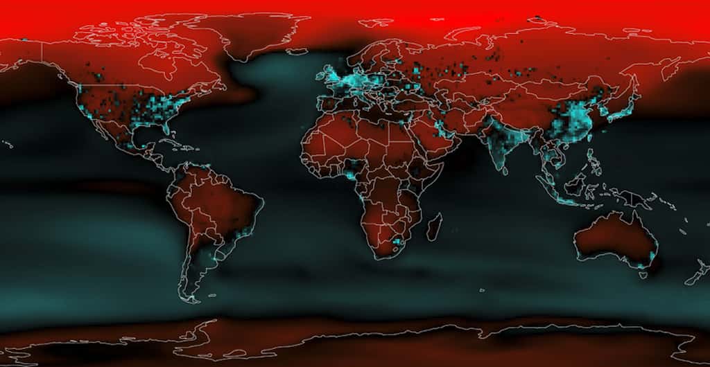 Sur cette carte, en turquoise, les pays qui ont émis relativement plus de gaz à effet (GES) de serre par rapport aux augmentations de température attendues. En rouge, ceux qui ont émis peu de GES par rapport aux hausses de températures prévues. © Van Houtan et al., Aquarium de Monterey Bay