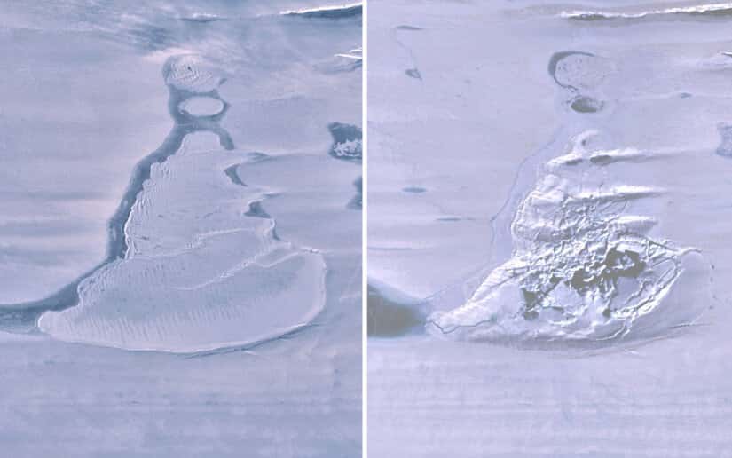 Sur ces images satellites, vers le haut, à gauche, le lac recouvert de glace et à droite, la doline créée par l’hydrofracturation de la plateforme. © Warner et <em>al., Geophysical Research Letters</em>
