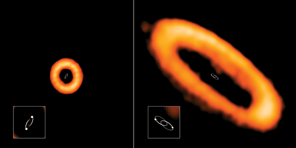 À l’avenir, les chercheurs devront expliquer quel phénomène se cache derrière cette corrélation forte entre défaut d’alignement du disque protoplanétaire et période orbitale du système binaire. À gauche, le système stellaire HD 98800 B dont le disque est mal aligné avec ses étoiles. Leur période orbitale est de 315 jours. À droite, dans le système stellaire AK Sco, le disque est aligné sur l’orbite des étoiles. Leur période orbitale est de 13,6 jours. © Alma (ESO/NAOJ/NRAO), I. Czekala and G. Kennedy; NRAO/AUI/NSF, S. Dagnello