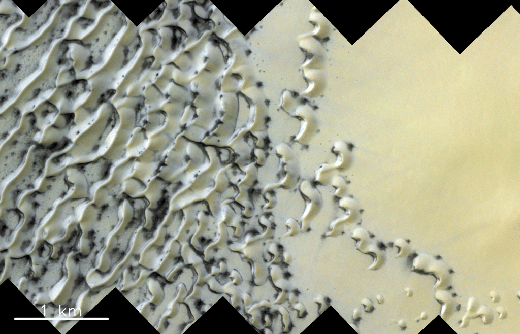 Image réalisée le 25 mai 2019 par <em>ExoMars Trace Gas Orbiter</em> (TGO). Elle révèle, entre autres, des barkhanes, des dunes en forme de croissant qui donnent aux astronomes des indications quant au rôle des vents secondaires dans la formation de tels reliefs. © ESA/Roscosmos/CaSSIS, CC BY-SA 3.0 IGO