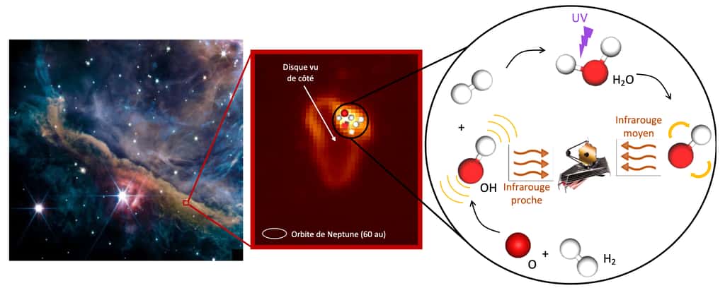 Ici, d’abord la localisation du disque protoplanétaire d 203-506 dans la nébuleuse d’Orion, puis un schéma illustrant comment l’eau y est détruite puis reformée. © Marion Zannese, Institute d’astrophysique spatiale, CNRS/Université Paris-Saclay