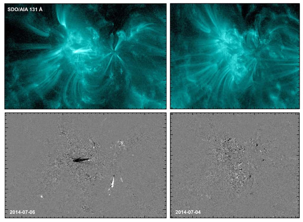 Ces images montrent une région solaire active capturée par l’Observatoire de la dynamique solaire (SDO, Nasa). En haut, la région la veille d’une éruption à gauche et la veille d'un moment calme à droite. En bas, des taches de variations de luminosité intense, en noir et en blanc, à gauche – avant l’éruption – et plus neutres, en gris, à droite – en période calme. © Nasa, SDO, AIA, Dissauer et al. 2022
