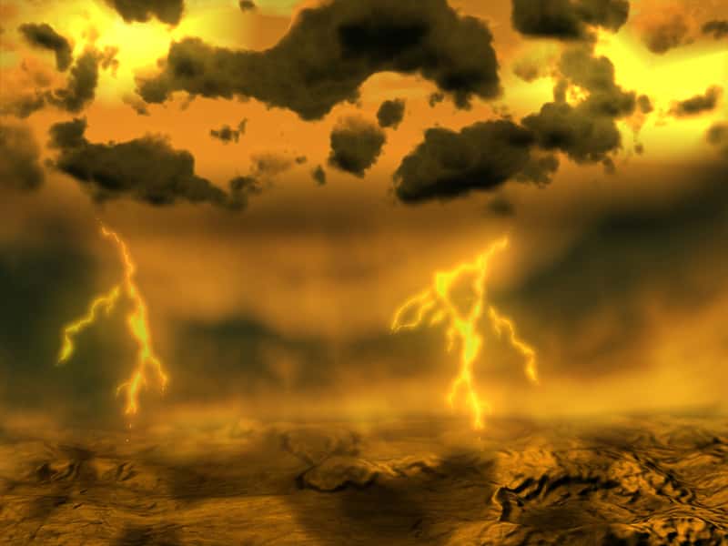 En 2007, une vue d’artiste montrait l’environnement infernal de Vénus avec des éclairs zébrant son ciel jaunâtre. Au moment où la Nasa confirmait l’observation d’éclairs dans l’atmosphère de la planète jumelle de notre Terre. © Nasa