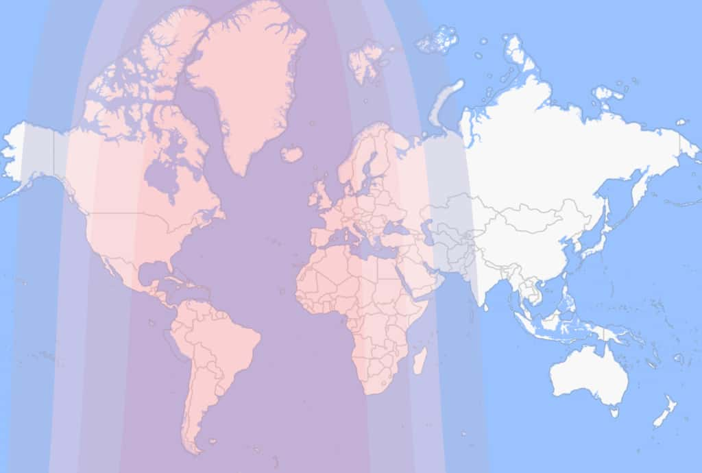 En rose foncé, la zone où l’éclipse partielle de Lune du 18 septembre 2024 sera visible dans sa totalité. Pour plus de 3 milliards d’êtres humains, soit près de 40 % de la population mondiale. © timeanddate.com