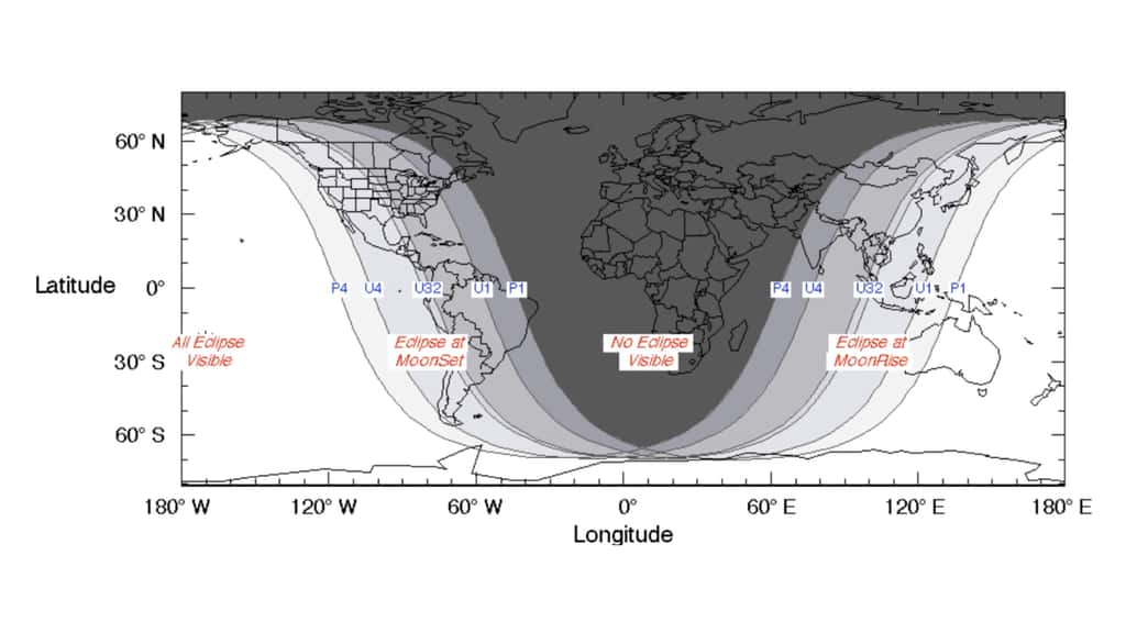 Les zones de visibilité de l’éclipse de Lune du 26 mai 2021. © Nasa