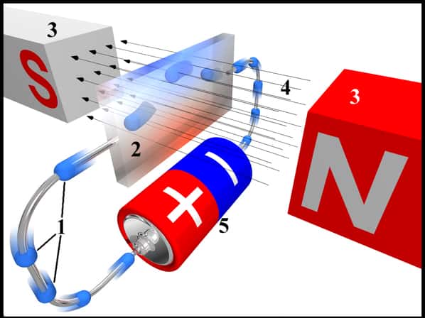 Pour mesurer des champs magnétiques intenses, les capteurs exploitent l'effet Hall. Sur le dessin, un capteur (2) parcouru par un courant électrique (1 et 3) est placé dans un champ magnétique (4) généré par des aimants (3). Sous l'effet du champ magnétique, une différence de potentiel apparaît au sein du capteur (charge négative en bleu, charge positive en rouge). © Peo, Wikimedia Commons, CC by-sa 3.0
