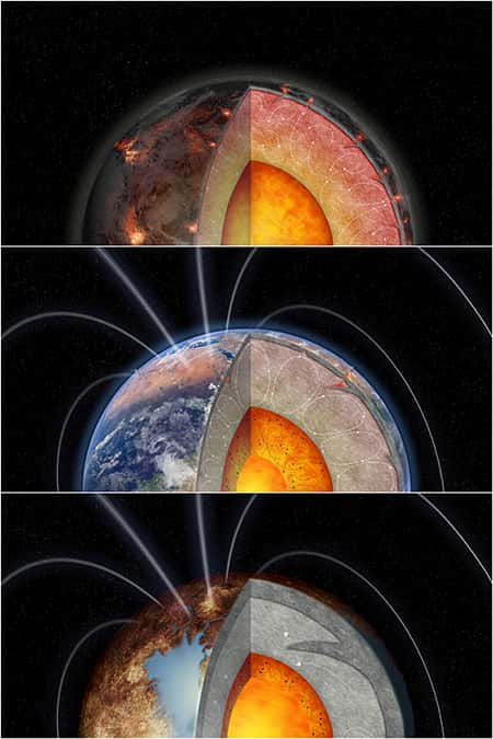 Sur cette illustration, la planète du milieu est une planète semblable à la Terre dans son abondance d’uranium et de thorium. En haut, une planète présentant plus d’éléments radioactifs. En bas, une planète géologiquement morte. © Melissa Weiss, Université de Californie