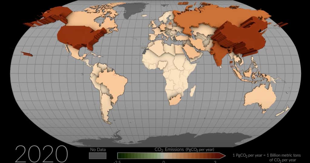 Les émissions de CO<sub>2</sub> selon les pays du monde. © Studio de visualisation scientifique de la Nasa