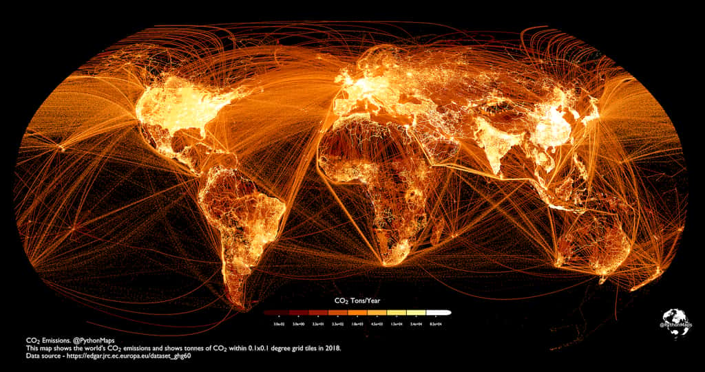Voici la carte du monde élaborée par Adam Symington, chercheur en science des données. Elle fait apparaître nos émissions de CO<sub>2</sub> en 2018. © Adam Symington, PythonMaps