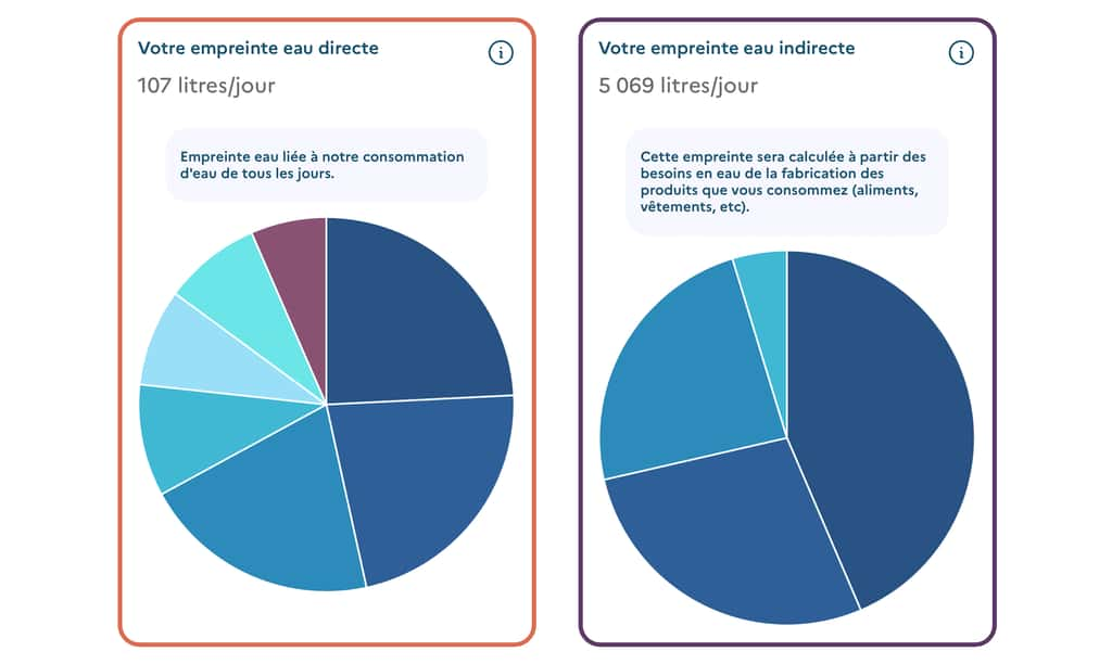 Un exemple de la façon dont se répartit l’empreinte eau. Selon les réponses apportées au calculateur par Nathalie Mayer, la journaliste en charge de la rédaction de ce sujet. © www.mon-empreinte-eau.fr