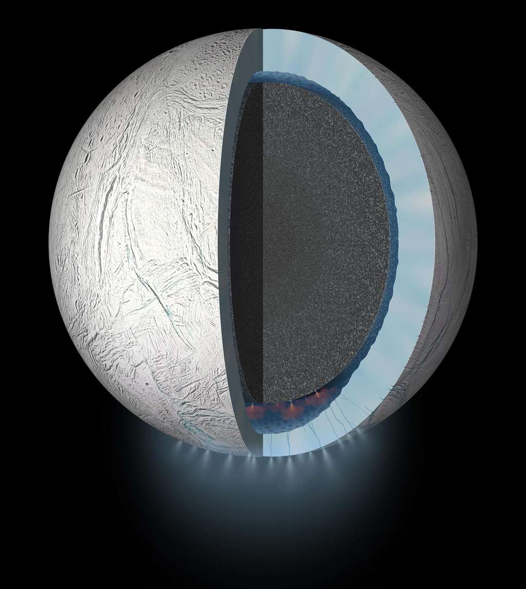Les chercheurs du <em>Southwest Research Institute</em> (SwRI - États-Unis) se sont notamment appuyés sur les données fournies par la sonde Cassini et son spectromètre de masse lors de son passage à proximité directe d’Encelade, en octobre 2015. En détaillant la composition chimique des geysers qui s’échappent de la croûte glacée de la lune de Saturne, ils ont conclu que son océan est probablement plus complexe que prévu. © Nasa, JPL-Caltech