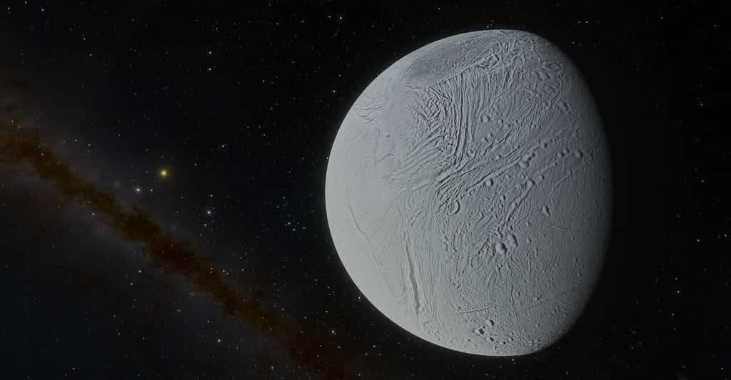 Des processus géochimiques susceptibles d’offrir à la vie un environnement propice à son développement pourraient se jouer sous la glace d’Encelade, la lune glacée de Saturne. Dans des lacs semblables à ceux découverts dans le sous-sol de Mars. © Tyler Hulett, Adoba Stock