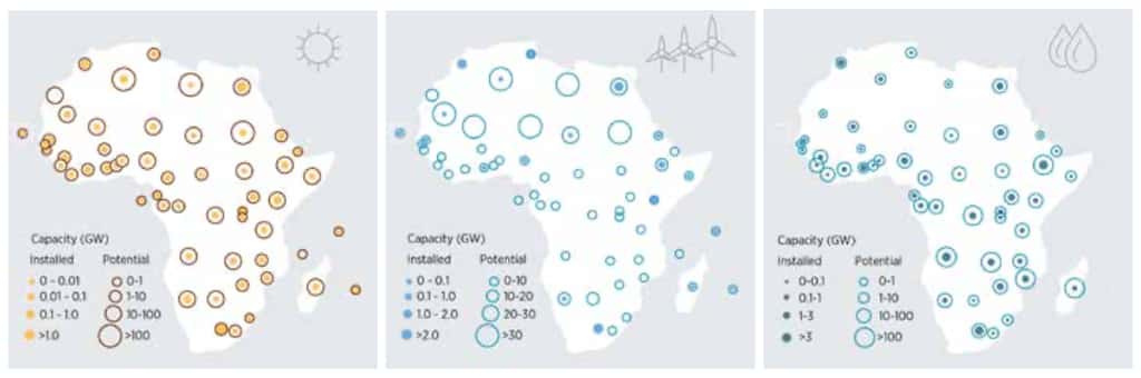 Sur ces cartes, la différence entre les capacités de production renouvelables — solaire, éolien et hydroélectrique - installées et potentielles pour l’Afrique. © Irena, 2022