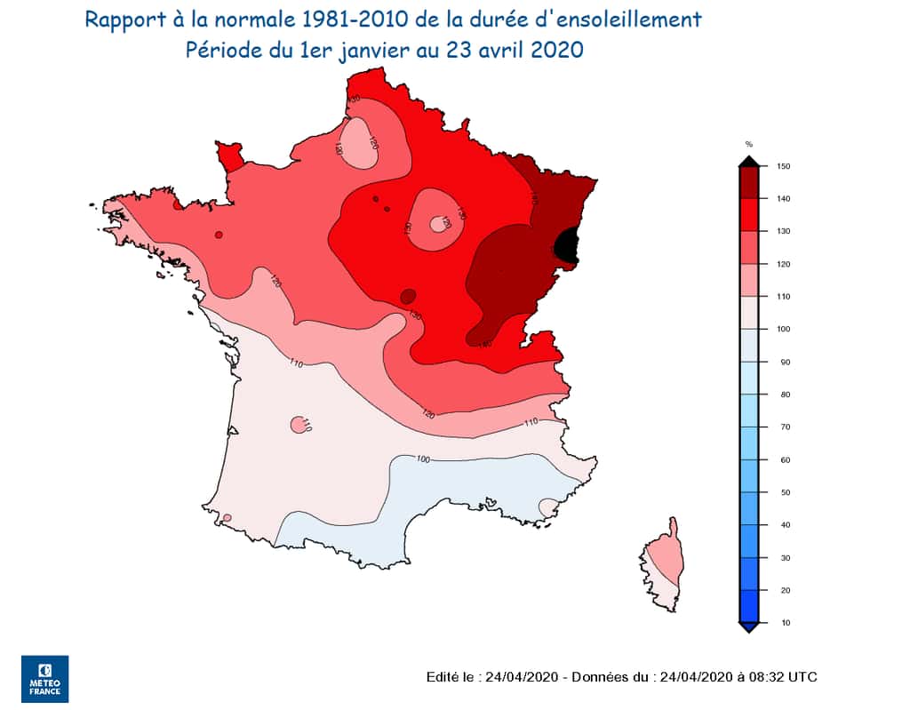 Une carte qui montre bien l’excès d’ensoleillement sur la partie nord du pays. Et plus encore sur la partie nord-est. © Météo France